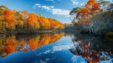 Northern rivers reflect the fiery hues of autumn, mirroring nature's own kaleidoscope in their tranquil waters.