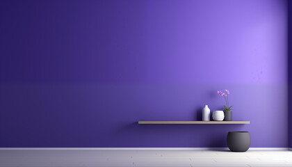 Minimalist purple living room interior with orchid flower in pot on shelf against plain purple wall background 3d render