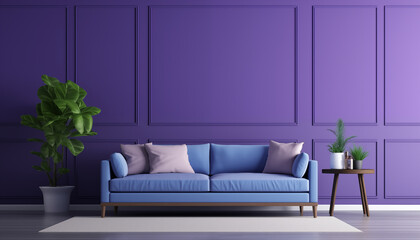 3D rendering of a living room with a blue sofa plants and a table