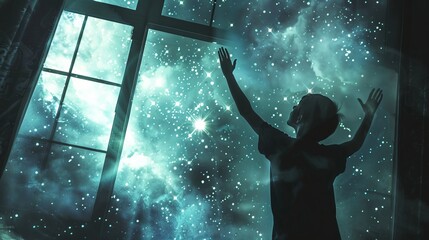 A magical portrayal of a person reaching out to touch the stars from their bedroom window, bridging dreams and reality