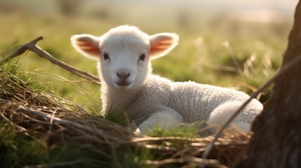 Obraz premium a baby lamb lying in grass