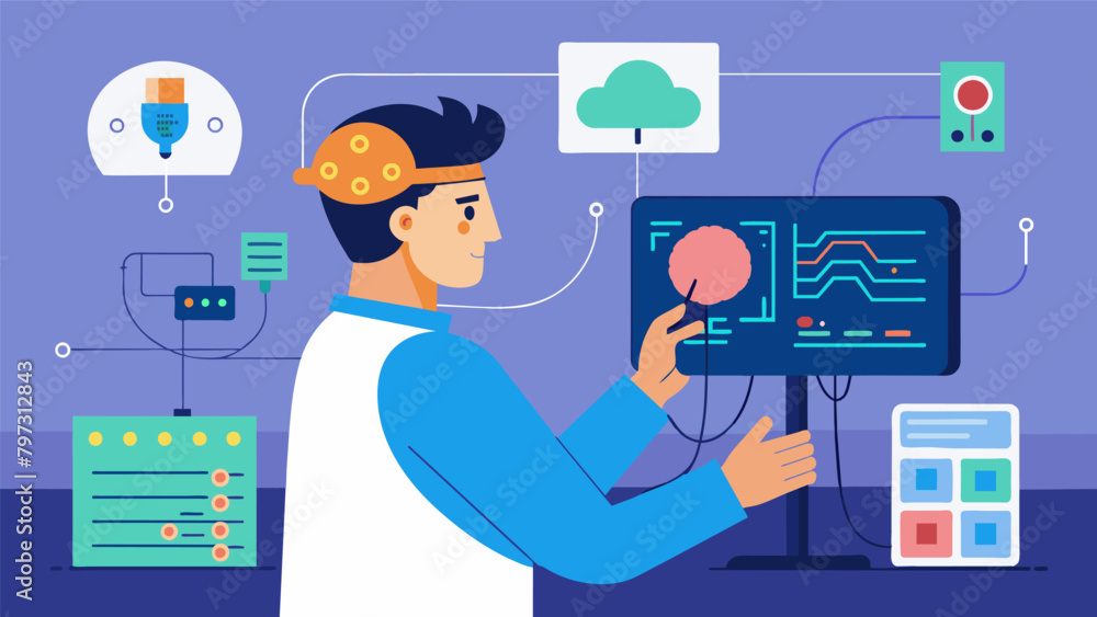Poster through a complex interface the technician monitors the signals and responses of the brain implant m