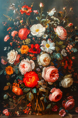 Naklejka premium Classical Bouquet of Flowers Painting with Lush Vibrant Blossoms