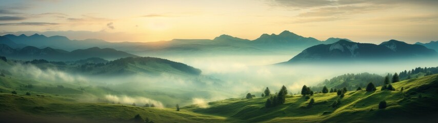 Obraz premium a foggy landscape with hills and trees