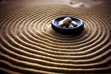 a bowl of rocks on sand