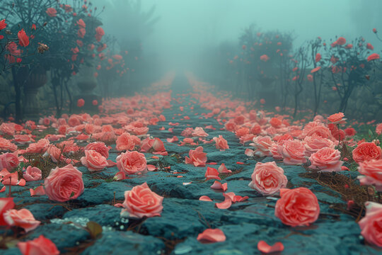 Coral Rose Pathway in a Misty Romantic Garden