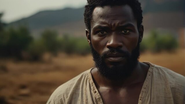 Black man looking at camera in celebration mode for Black History month of slaves. An angry black slave in American history. Black African man in the 19th century