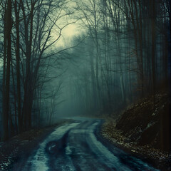 Real picture from camera lonely road evening. In the forest, the trees beside the road with their fallen leaves