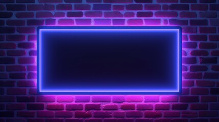 Blank rectangle neon light, electric power around frame lights. Empty background
