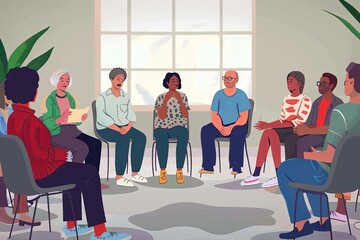 A diverse group of cancer patients sitting in a circle, engaged in a conversation. Generative AI