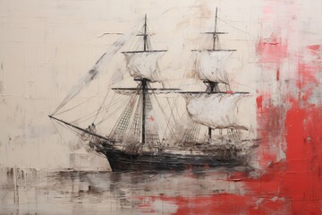 a painting of a ship with white sails