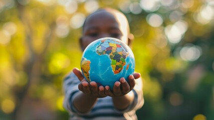 Little african boy holding a globe in the park on a sunny day