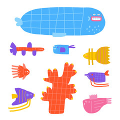 Cute underwater postcard with funny hand drawn doodle fish, whale, coral, sea weed, sea plant . Sea, ocean bottom reef cover, template, banner, poster, print. Cartoon style background for kids