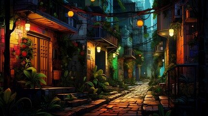 A bustling urban alleyway adorned with vibrant graffiti, illuminated by the soft glow of green and orange street lamps, creating an atmosphere of urban vibrancy.