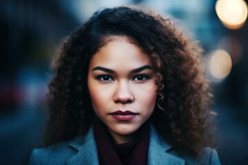 a woman with curly hair wearing a grey coat