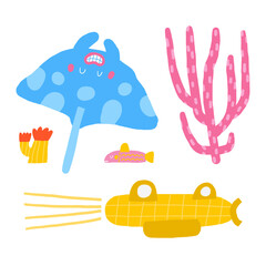 Cute underwater postcard with funny hand drawn doodle electric ray, coral, submarine, sub, fish, sea plant, seaweed. Sea, ocean bottom reef cover, template, banner, poster, print. Cartoon style backgr