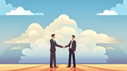 Two businessmen shaking hands on an abstract platform with sky and clouds in the background. Digital illustration of business agreement concept. 