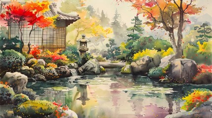 Naklejka na ściany i meble vintage watercolor painting of japanese garden with a pond