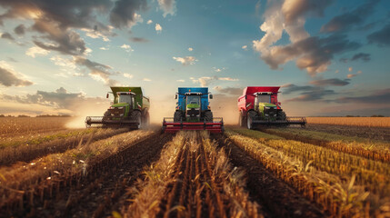 Obraz premium Agricultural tractors harvesting golden wheat field against dramatic sky, dust trailing behind 