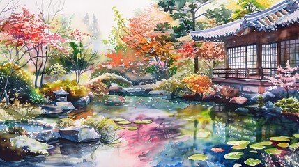 vintage watercolor painting of japanese garden with a pond