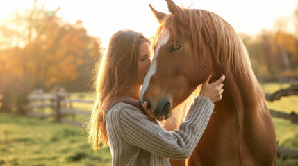 Woman sharing a tender moment with a horse at sunset - obrazy, fototapety, plakaty