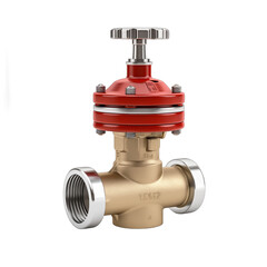 3D rendering of a bronze and red industrial valve with a handwheel on a white background