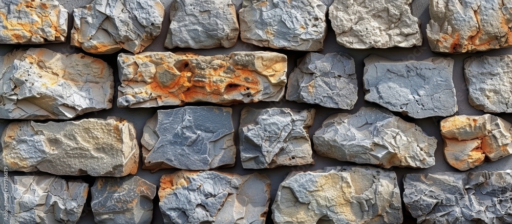 Poster detailed view of a rugged stone wall densely adorned with an array of various sized rocks