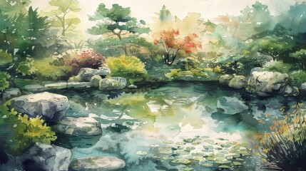 Naklejka na ściany i meble vintage watercolor painting of japanese garden with a pond