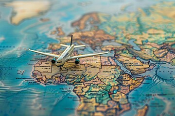 A model airplane is placed on top of a map, showcasing a travel or navigational concept. Generative AI