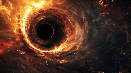 A depiction of a swirling black hole with fiery accretion disk in space. High-definition digital artwork for astronomical phenomena and cosmic exploration concept. 