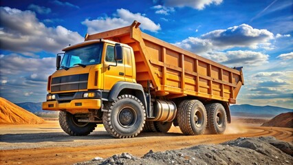 Dump truck in a quarry under blue sky with white clouds.