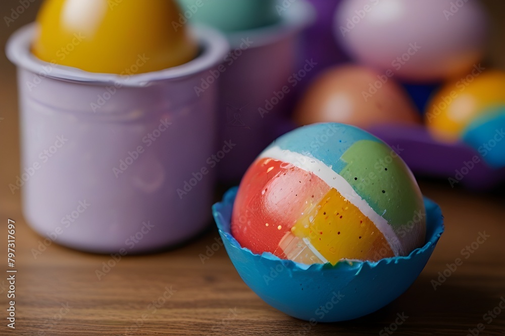 Poster close up of selection of colorful easter eggs and paints on table generator ai