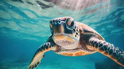 Fototapeta premium a turtle swimming underwater with sun rays