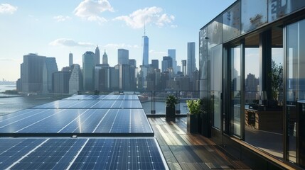 Fototapeta na wymiar Urban embrace of sustainability as a solar panels graces the rooftop of a NYC building, harnessing clean and renewable energy, while offering views of Manhattan skyline. hyper realistic 