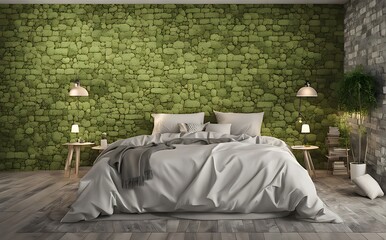 Mock up bed room with moss brick wall 3d illustration rendering
