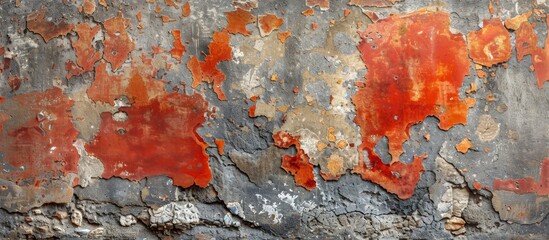 Close up view showing a weathered wall covered in peeling paint, revealing the worn and textured surface beneath