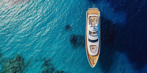 Aerial top view of luxury yacht nose with wooden deck anchored in paradise exotic turquoise island...