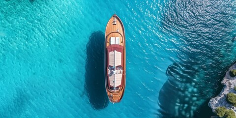 Aerial top view of luxury yacht nose with wooden deck anchored in paradise exotic turquoise island...