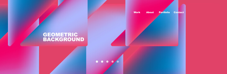 A vibrant geometric background featuring shades of pink, purple, and electric blue in a blurred effect. Triangles and rectangles create a colorful and dynamic material property