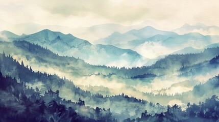 vintage watercolor painting landscape of mountains and valleys with misty atmosphere
