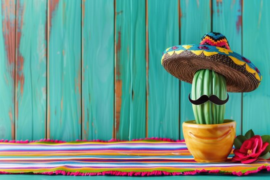Cactus with mustache and sombrero hat on colorful striped tablecloth against wooden wall in turquoise color background, copy space for text or design