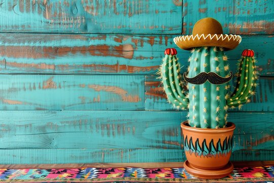 Cactus with mustache and sombrero hat on colorful Mexican rug against wooden wall, copy space for text, background color turquoise