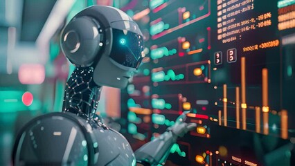 A humanoid robot is examining stock market data on futuristic digital screens