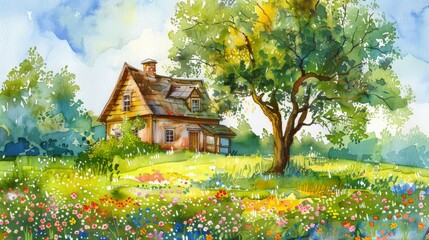 vintage watercolor painting of old house in the meadow of flowers