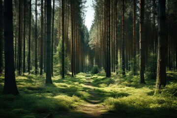 Deep pine forest background landscape sunlight woodland.
