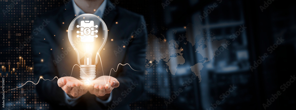 Poster digital payments: innovation, financial inclusion concept. hands of businessman holding light bulb a