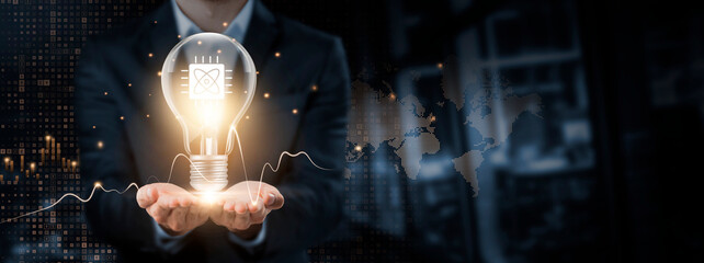 Quantum Computing: Future Technology Concept. Hands of Businessman Holding Light Bulb and Quantum Computing Icon with Data Network Digital Technology. Advancing Computational Power. - obrazy, fototapety, plakaty