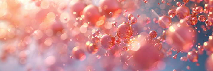red pink  abstract oil bubbles or face serum background. pink Oil and water bubbles molecule ,pink Bubbles oil or collagen serum for cosmetic product, banner poster	
