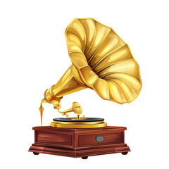 Retro style old golden gramophone with wooden base
