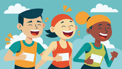 Despite the physical pain and exhaustion runners cant help but smile and laugh as they swap stories of the tough moments and moments of triumph. Vector illustration